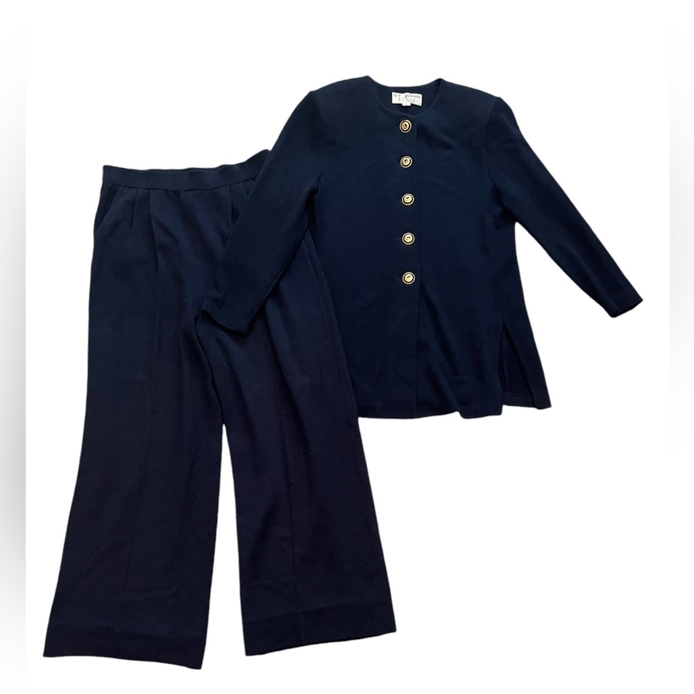 St John Basics by Marie Gray 2 Pc Navy Pants Suit Small S Wide Leg Knit pantsuit
